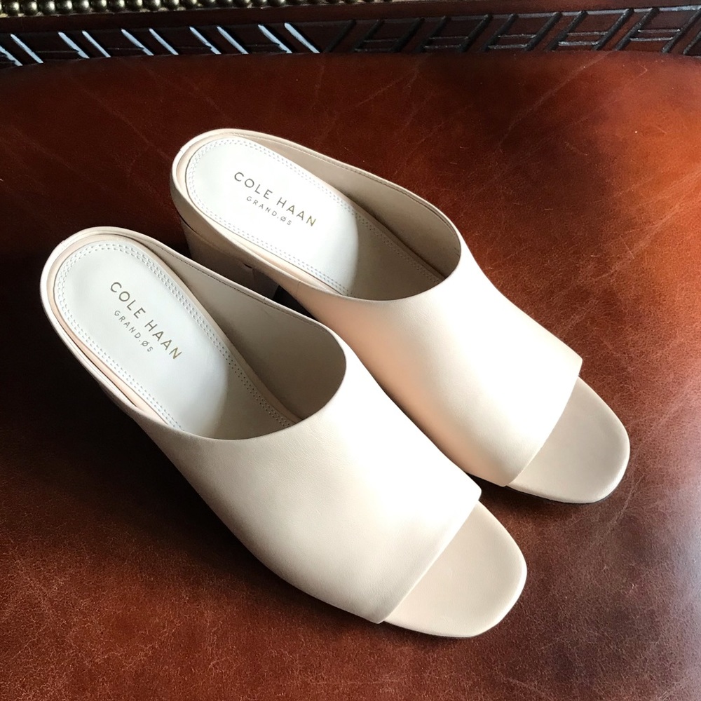 Cole Haan Size 8B creamy Blush Pink, Leather, 3” Block Heel, Open Toe, Mules